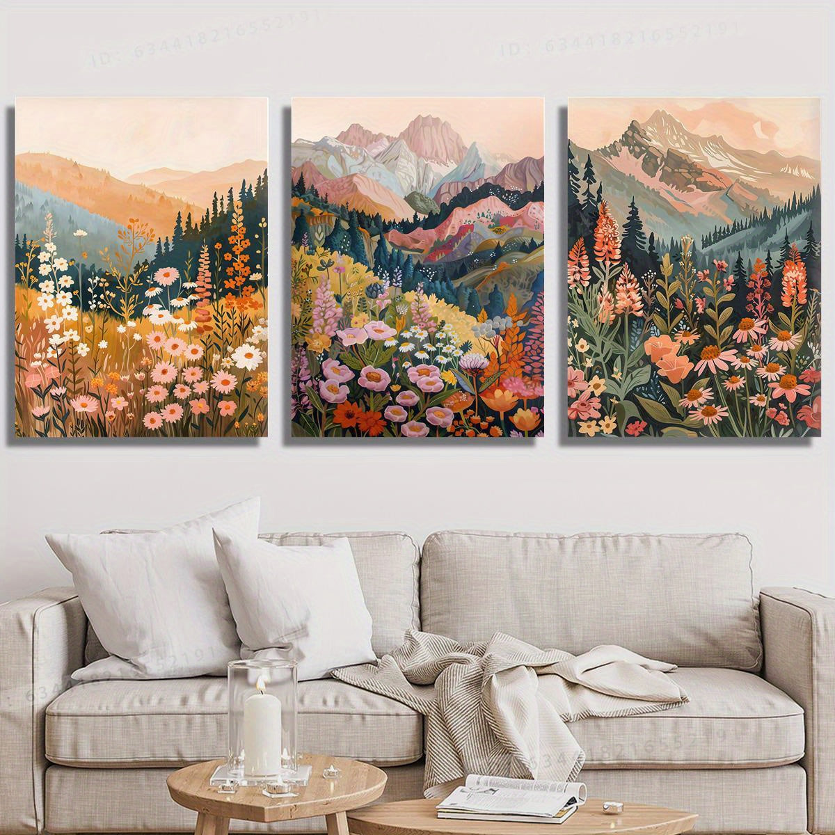 3pcs Wood Frame Canvas Print Decorative Painting, Watercolor Oil Painting Style of Colorful Flowers And Mountains, Wild Scenery, Mountain Landscape, Indoor Home Wall Decoration Art