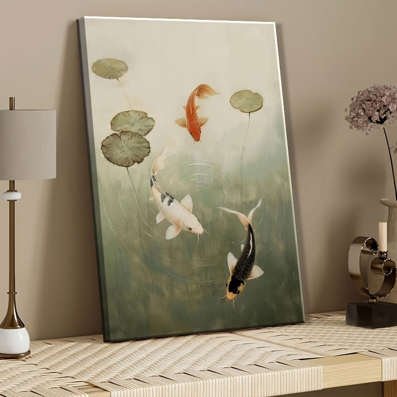 2D Flat 1pc 2D Wooden Frame Canvas Wall Painting, Flower Waves, Koi Fish Pond Wall Art, Japandi Zen Home Decoration, Suitable for Living Room, Kitchen, Bathroom Wall Decoration, Perfect Gift for Mom And Dad