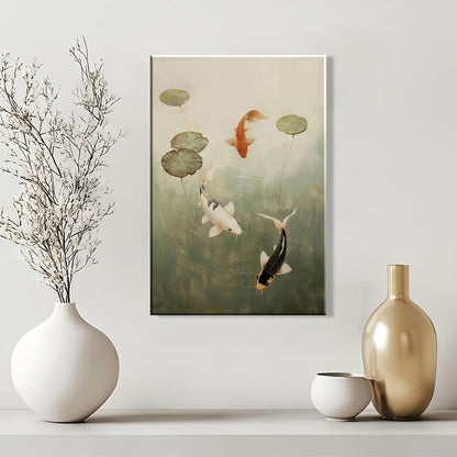 2D Flat 1pc 2D Wooden Frame Canvas Wall Painting, Flower Waves, Koi Fish Pond Wall Art, Japandi Zen Home Decoration, Suitable for Living Room, Kitchen, Bathroom Wall Decoration, Perfect Gift for Mom And Dad