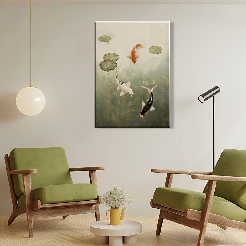 2D Flat 1pc 2D Wooden Frame Canvas Wall Painting, Flower Waves, Koi Fish Pond Wall Art, Japandi Zen Home Decoration, Suitable for Living Room, Kitchen, Bathroom Wall Decoration, Perfect Gift for Mom And Dad