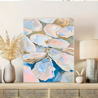 1pc Modern Oyster Shells Canvas Wall Art ¨C Mid-Century Abstract Decor with Blue, White, and Pink Textured Design for Living Room, Bedroom, Bathroom, or Office, Bedroom Artwork | Coastal Aesthetic | Vibrant Colors, Coastal Home Decor