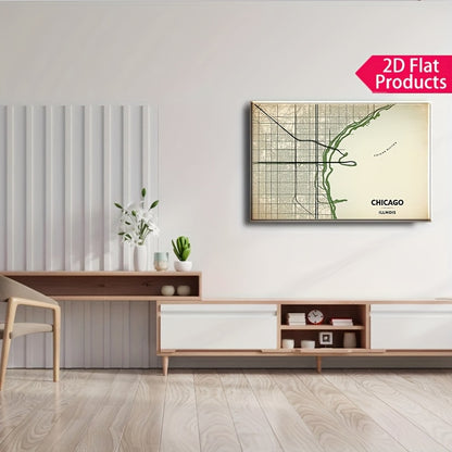 2D Flat, Vintage Chicago City Map Canvas Poster - Beige\u002FBlack\u002F Green Color Scheme - Wrapped Canvas Framed Wall Art