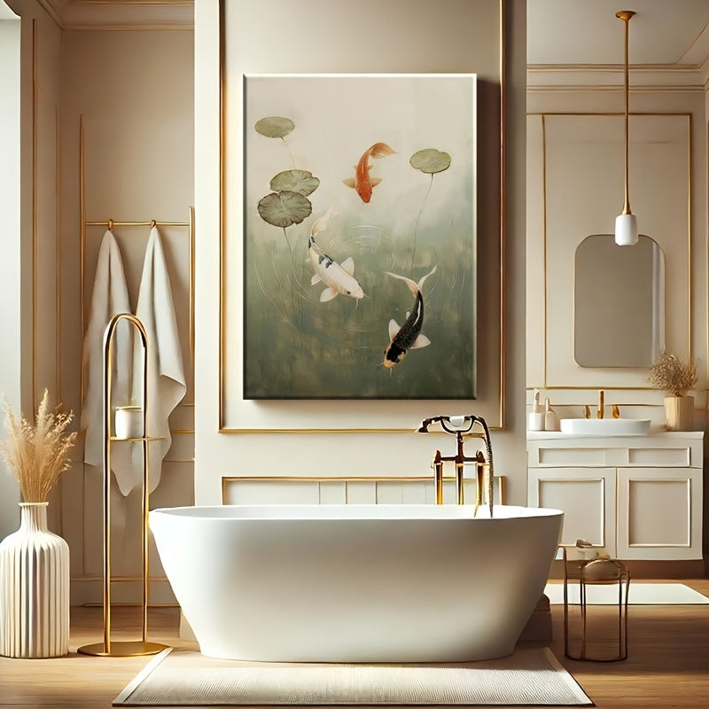 2D Flat 1pc 2D Wooden Frame Canvas Wall Painting, Flower Waves, Koi Fish Pond Wall Art, Japandi Zen Home Decoration, Suitable for Living Room, Kitchen, Bathroom Wall Decoration, Perfect Gift for Mom And Dad