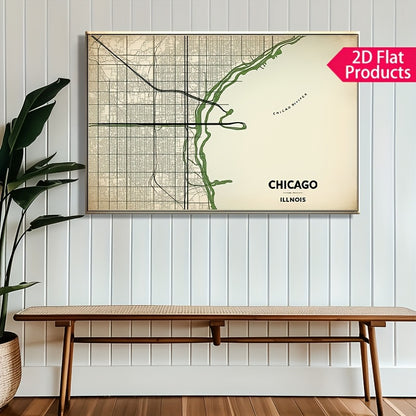 2D Flat, Vintage Chicago City Map Canvas Poster - Beige\u002FBlack\u002F Green Color Scheme - Wrapped Canvas Framed Wall Art