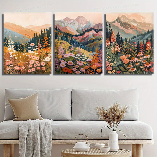 3pcs Wood Frame Canvas Print Decorative Painting, Watercolor Oil Painting Style of Colorful Flowers And Mountains, Wild Scenery, Mountain Landscape, Indoor Home Wall Decoration Art
