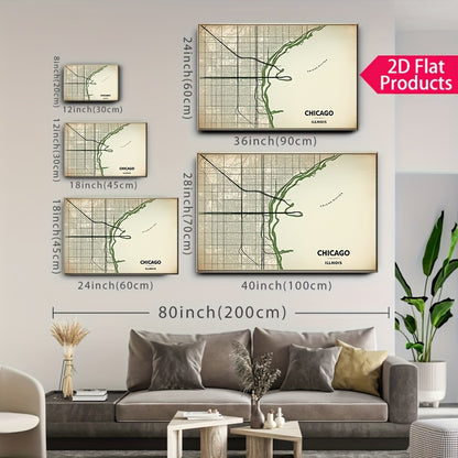 2D Flat, Vintage Chicago City Map Canvas Poster - Beige\u002FBlack\u002F Green Color Scheme - Wrapped Canvas Framed Wall Art