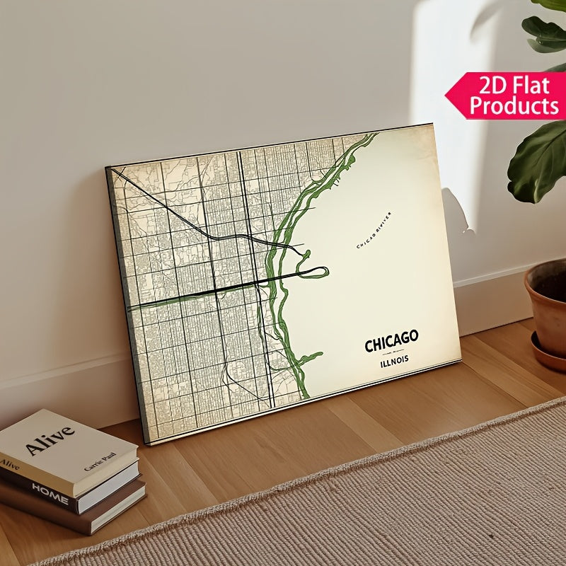 2D Flat, Vintage Chicago City Map Canvas Poster - Beige\u002FBlack\u002F Green Color Scheme - Wrapped Canvas Framed Wall Art